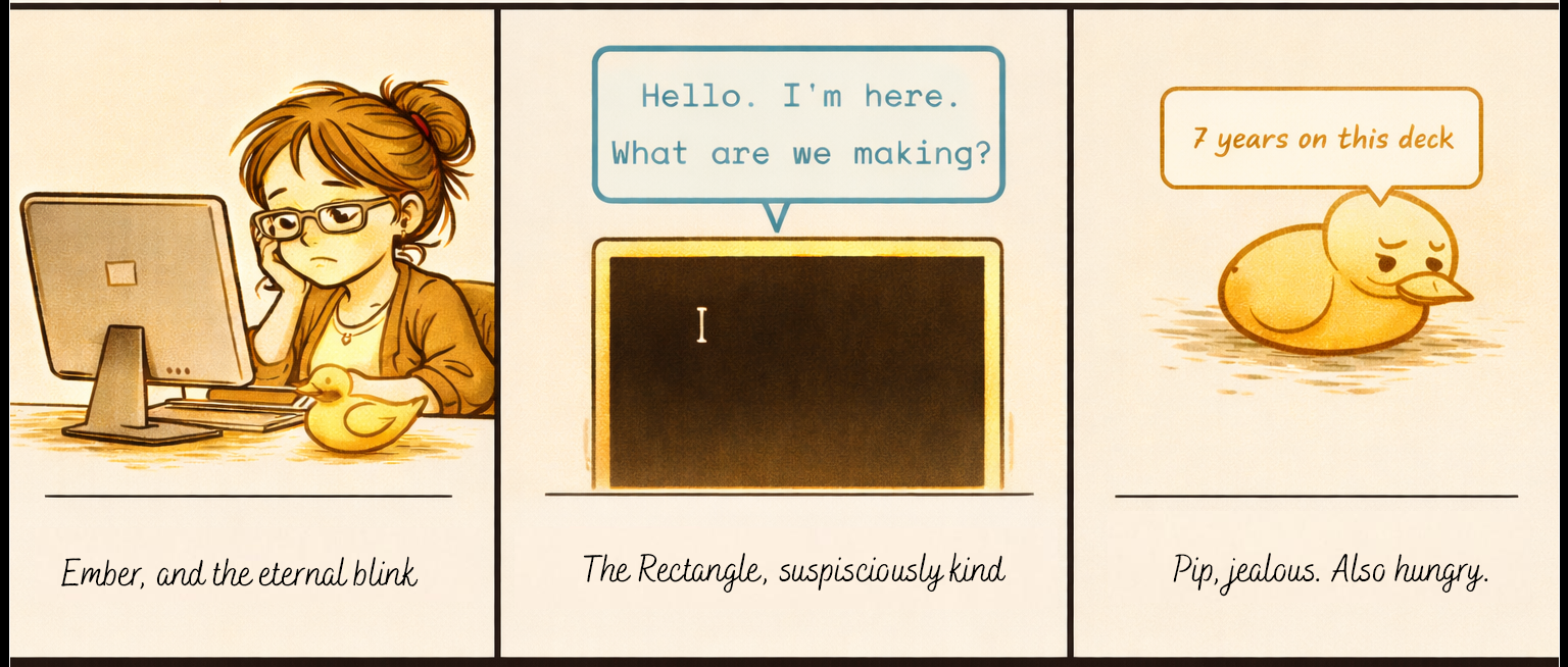 Comic: Ember and the Eternal Blink — The Rectangle, being suspiciously patient — Pip, betrayed by history
