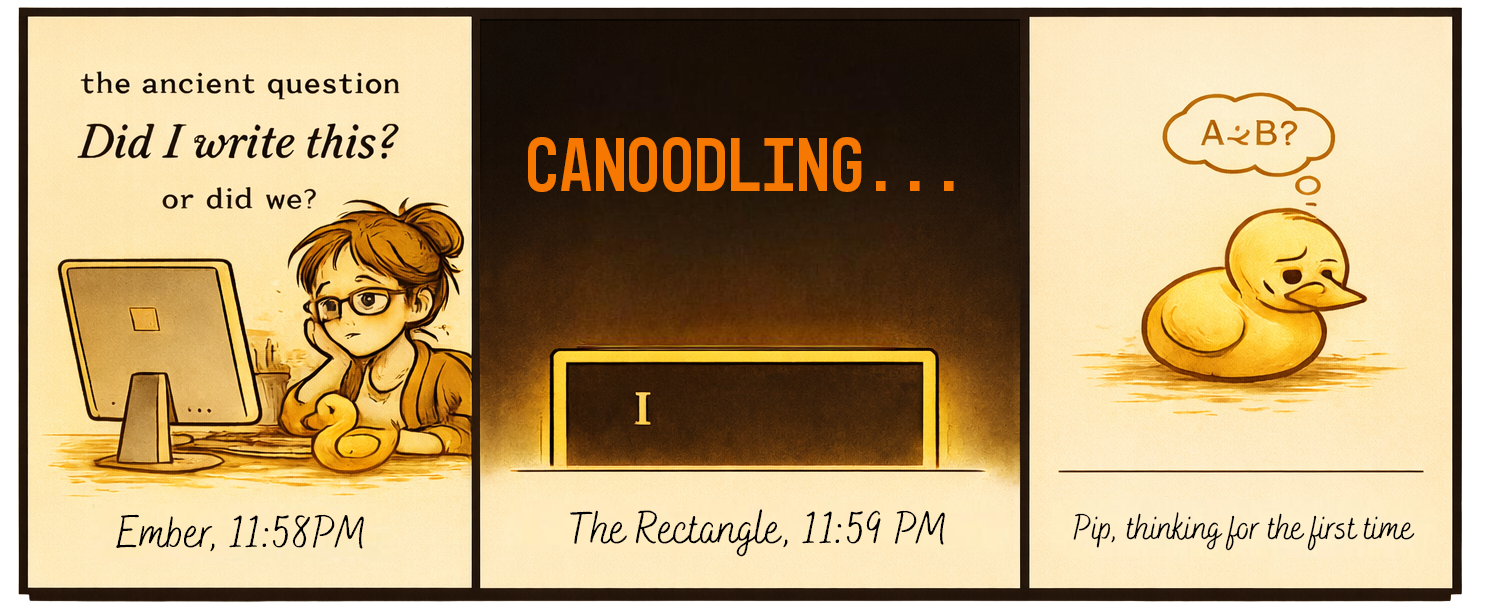 Comic: The philosophical crisis of the vibe coder — the ancient question: Did I write this, or did we?