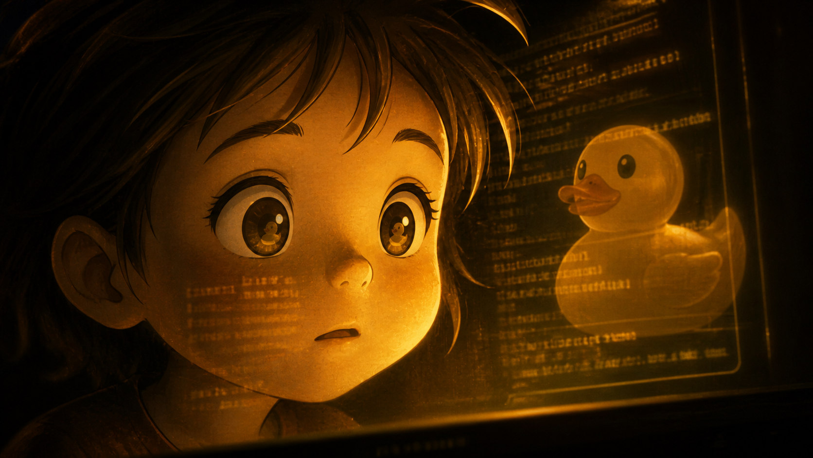 Luna, wide-eyed, lit by the glow of the Rectangle — Pip reflected softly in the screen